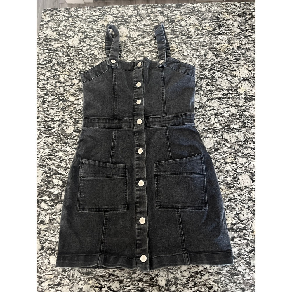 Justify Black Denim‎ Pinafore Dress Button Front Mini Overall Dress Small